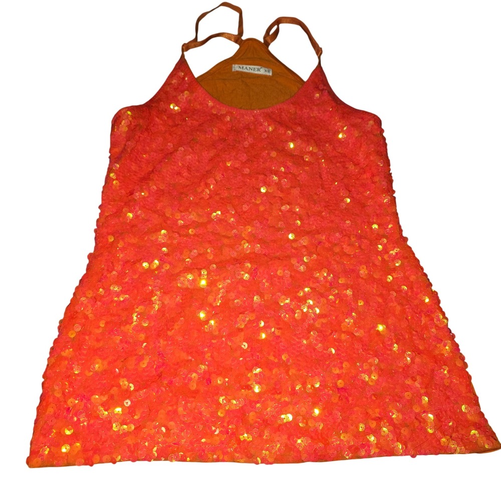 Orange Sequin Halter Mini Tank Top Sparkly Festival Party Y2K‎ Vibe Size XS